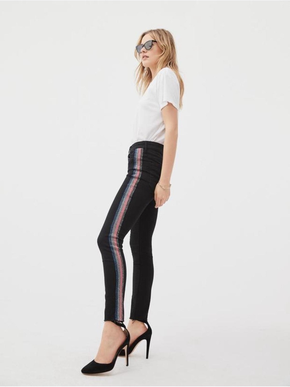 MOTHER High Waisted Looker Ankle Fray in Guilty Glitter Racer Stripe Size 28